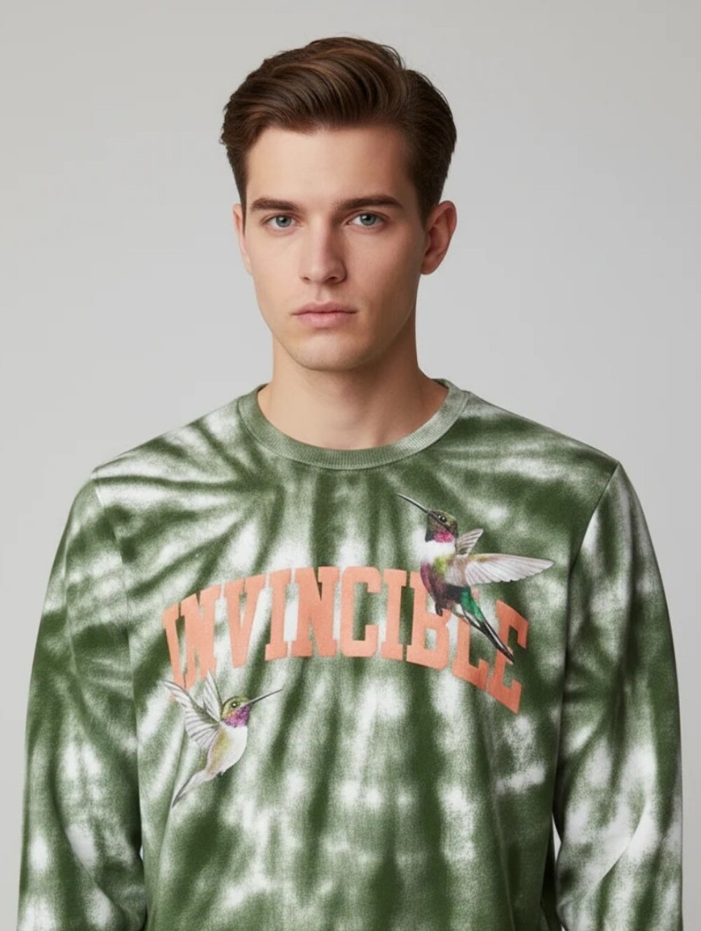 Vie Riche Green Tie-Dye Crewneck Sweater with Hummingbird Graphic